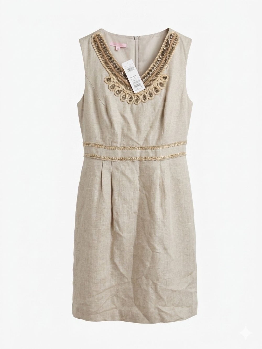 Basler Linen Blend Beaded V-Neck Shift Dress Size 42/ US 8